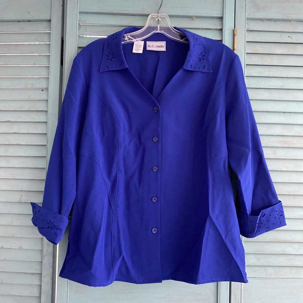 K.C. Studio Button Up Shirt Blouse ~ Sz 12 ~ Blue ~ 3/4 Sleeve